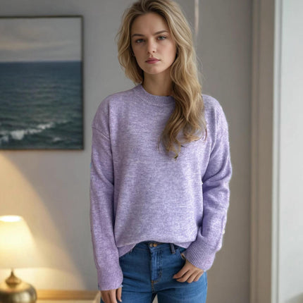 Round Neck Solid Color Casual Loose Women's Sweater Retro Warm Pullover