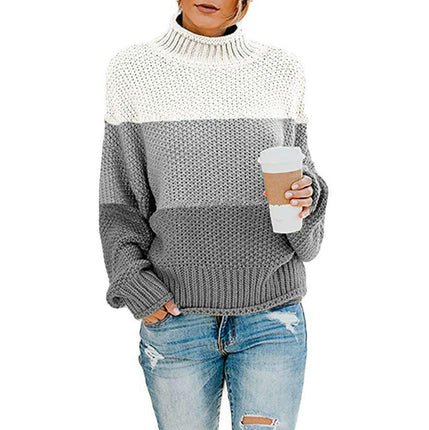 Women's Striped Contrast Sweater Turtleneck Lantern Sleeve Long Sleeve Pullover