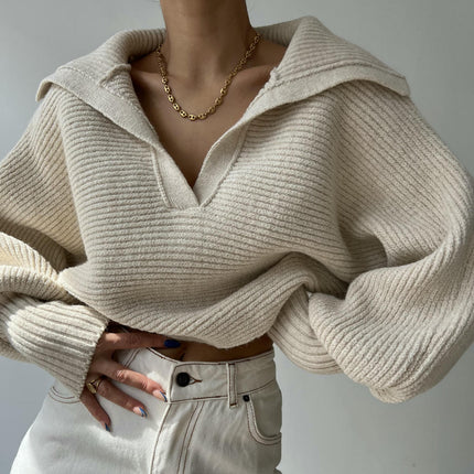 Women Overized Puff Long Sleeve V Neck Knitted lapel Pullover Sweater Jumper Tops
