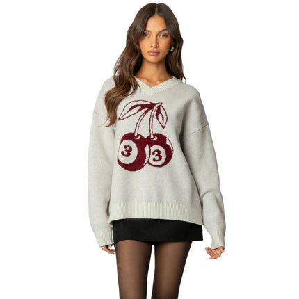 Women's Winter Cherry Sweater Casual V-neck Long Sleeve Pullover Knit Top