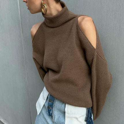 Women's Off-the-shoulder Turtleneck Long-sleeved Sweater Lazy Style Pullover Top