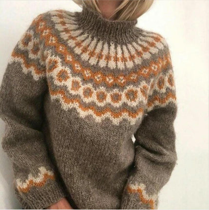 Women's Casual Patchwork Knitted Sweater Turtleneck Printed Long Sleeve Sweater