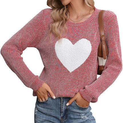 Autumn Pullover Sweater Round Neck Plush Heart Patch Knitted Sweater for Women