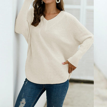 Women's Solid Color Knitted Sweater Irregular Loose V-neck Pullover Sweater