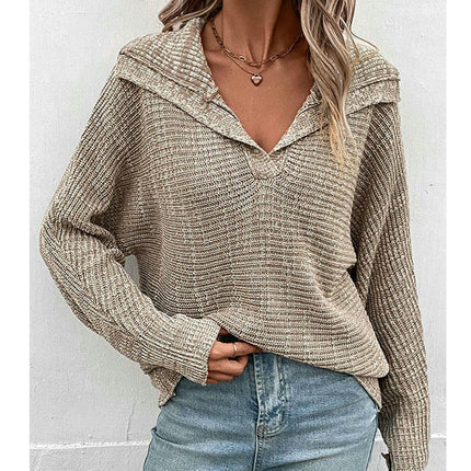 Women's Solid Long Sleeve Polo Shirt V Neck Pullover Sweater Loose Knit Top