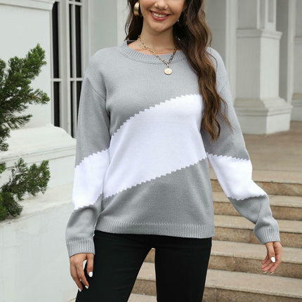 Colorblock Geometric Knitted Long Sleeve Loose Round Neck Pullover Sweater Women