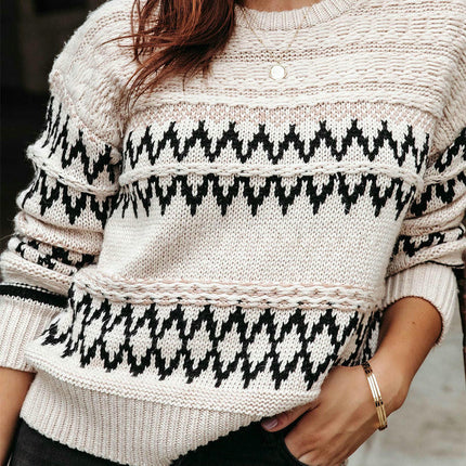 Women's Retro Diamond Pattern Sweater Fashion Long Sleeve Round Neck Sweater