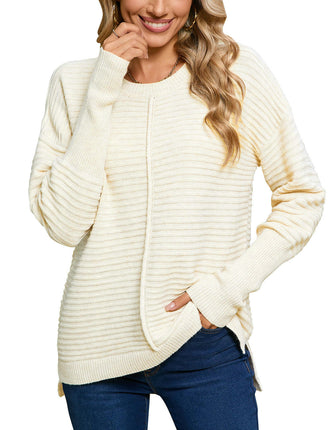 Women's Solid Color Knitted Sweater Round Neck Long Sleeve Pullover Top