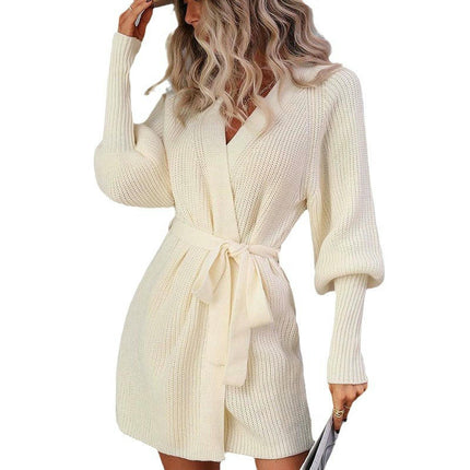 Women's Long Sleeve Solid Color Ribbed Long Knit Cardigan with Satin Belt