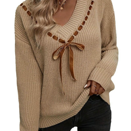 Winter Women's Long Sleeve Warm Sweater Loose V-neck Lace-up Pullover Sweater