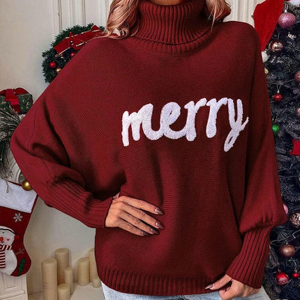 Sweater Women's Christmas Turtleneck Loose Pullover Bat Sleeve Knit Top