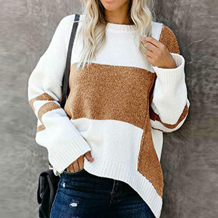 Women's Retro Sweater Contrast Color Stitching Round Neck Pullover Knit Top