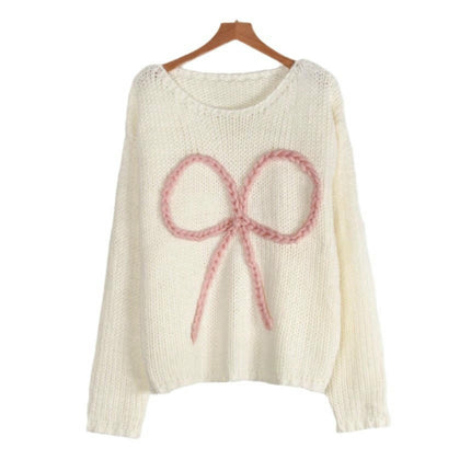 Autumn Sweater Women's Loose Round Neck Hand-embroidered Bow Pullover Top