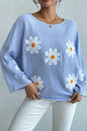 Round Neck Embroidered Flower Women's Loose One Shoulder Pullover Sweater