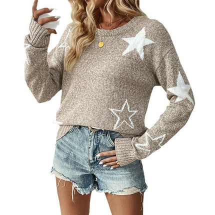 Womens Autumn and Winter Casual Sweater Star Round Neck Long Sleeve Pullover Top