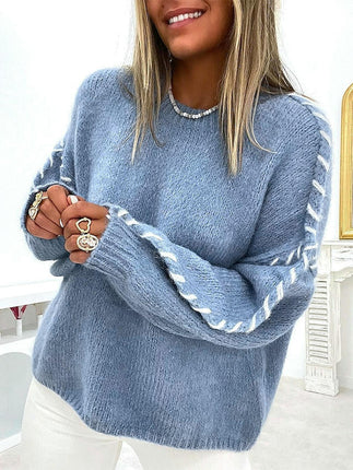 Women's Long Sleeve Sweater Round Neck Pullover Loose Chunky Knit Sweater Top