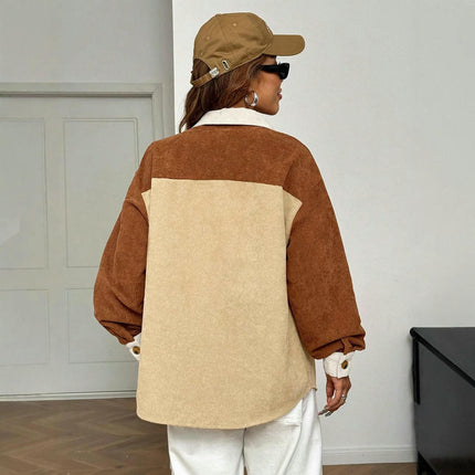 Women's Color Block Corduroy Shirts Long Sleeve Button Down Boyfriend Blouses Tops