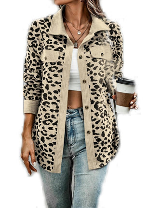 Women Corduroy Leopard Jacket Button Down Long Sleeve Blouses Lightweight Fall Jacket