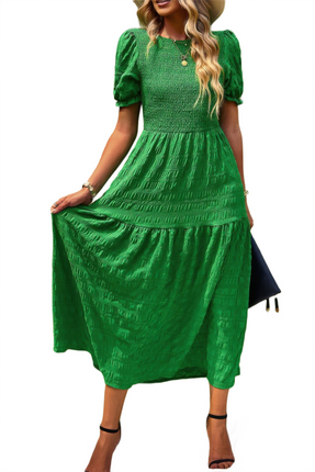 Womens Dresses Pleated Tiered Solid Short Puff Sleeve A Line Dress Casual Lightweight Basic Summer Sundress