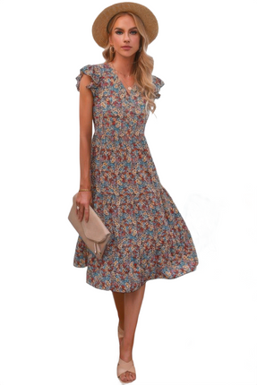 Womens Dresses Boho Floral V Neck Ruffle Sleeve A Line Midi Dress Casual Lightweight Basic Summer Sundress