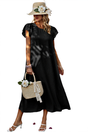 Womens Dresses Solid Swiss Dot Ruffle Hem Belt Midi Dress Casual Chic Lightweight Basic Summer Sundress