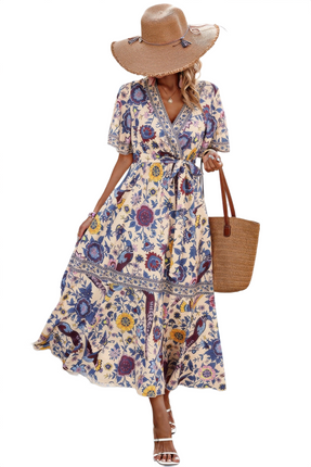 Womens Dresses Floral Print Lace Trim Cross Belt A Line Dress Casual Chic Lightweight Basic Summer Sundress