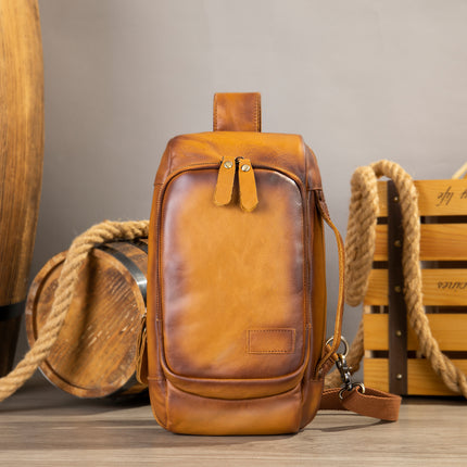 Shoulder bag crossbody bag Men's outdoor waterproof anti-theft chest bag hiking riding backpack head layer cowhide leather chest bag