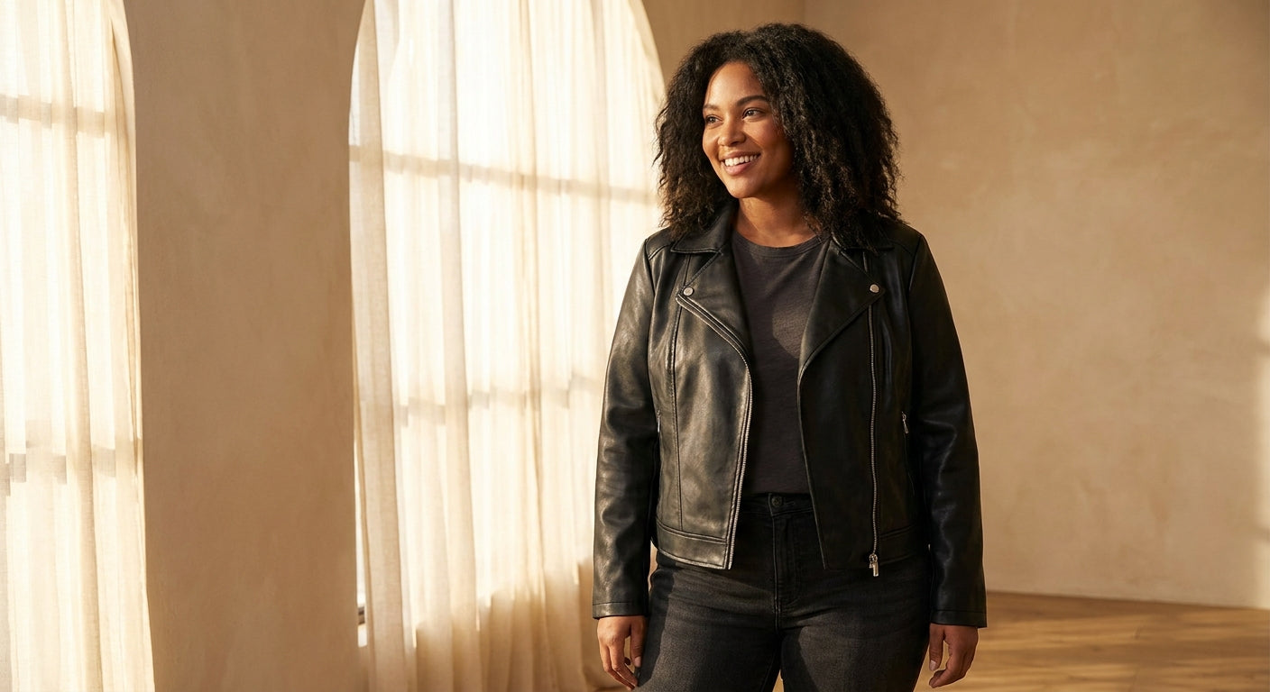 A woman wearing a fitted black faux leather jacket posed in soft natural light against a neutral background, exuding confident and approachable style.