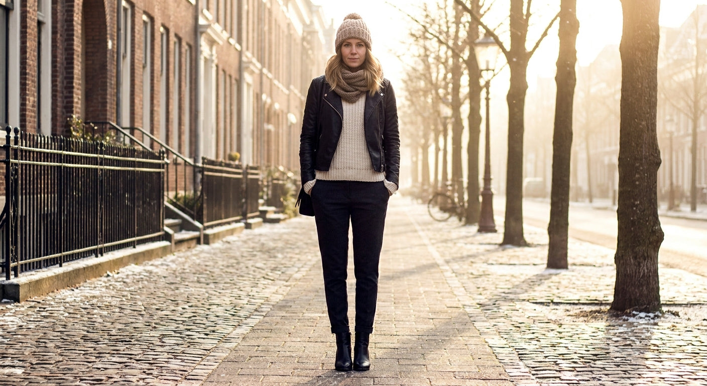 A woman wearing a black faux leather jacket layered over a cream knit sweater stands on a winter city street in soft golden light.