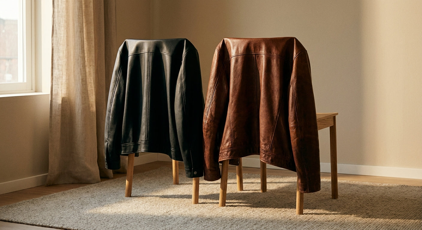 A faux leather jacket and a real leather jacket draped side by side over a wooden chair in a warmly lit, minimalist interior.