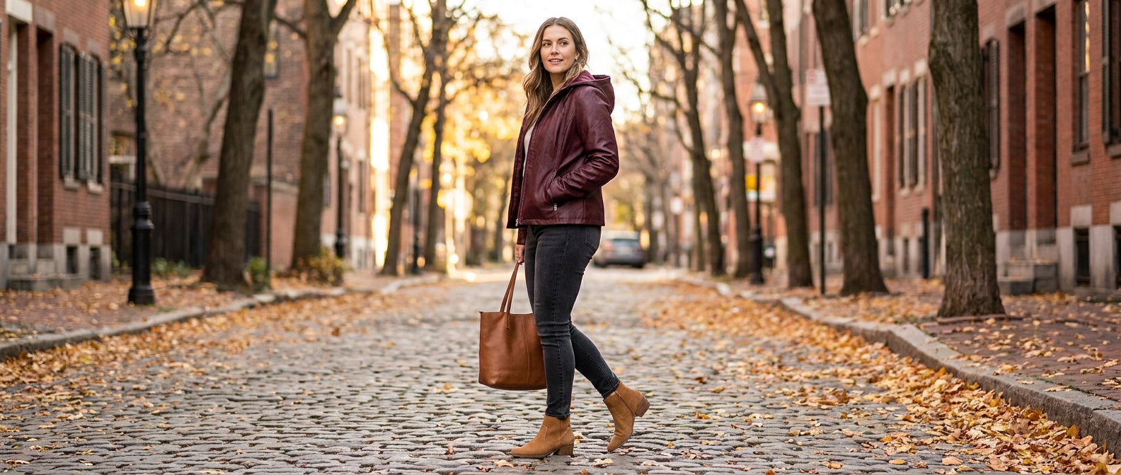 A stylish woman wearing a hooded faux leather jacket and dark jeans stands on an autumn street surrounded by golden falling leaves.