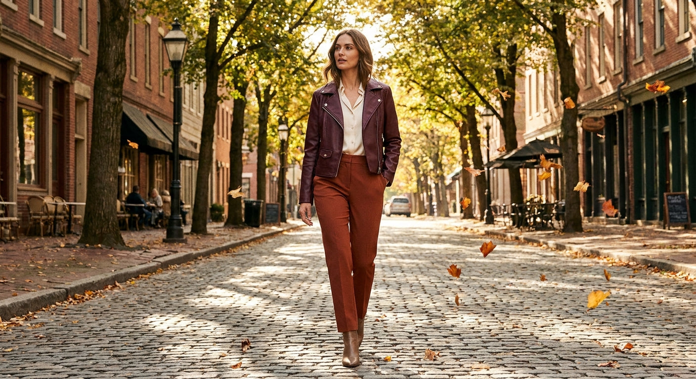 A stylish woman in a burgundy faux leather moto jacket walks down an autumn street lined with golden falling leaves.