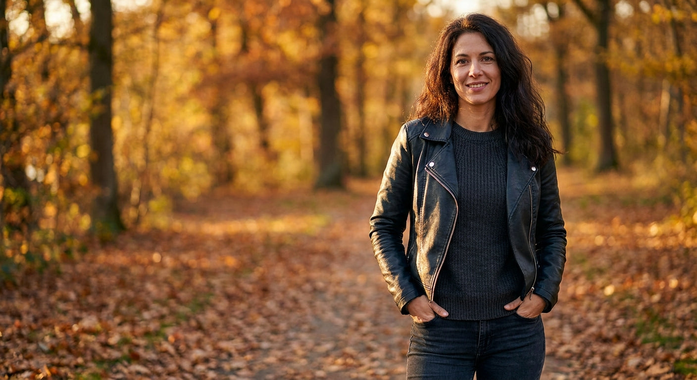 A stylish woman wearing a sleek black faux leather jacket poses outdoors among warm amber autumn foliage in golden-hour light.