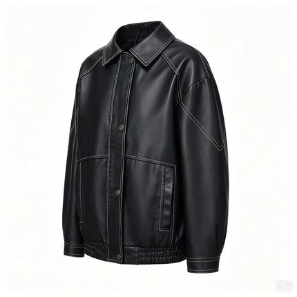 Women's oversized faux leather button-front jacket, supplier detail and lifestyle image 3