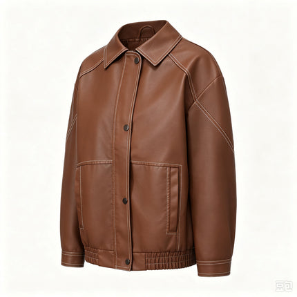 Women's oversized faux leather button-front jacket, supplier detail and lifestyle image 6