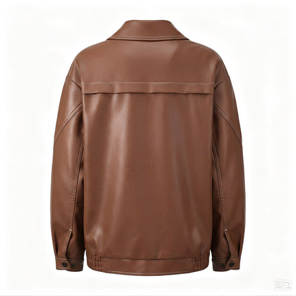 Women's oversized faux leather button-front jacket, supplier detail and lifestyle image 7