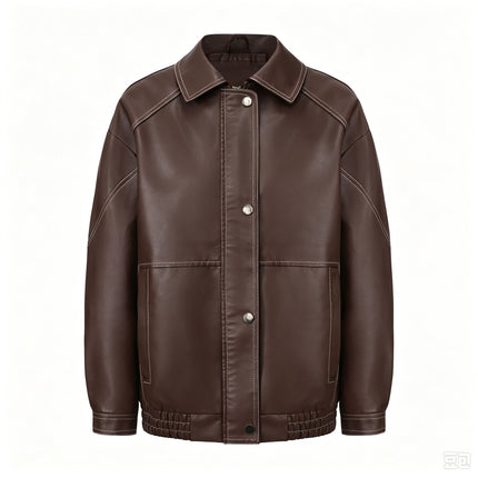 Women's oversized faux leather button-front jacket, supplier detail and lifestyle image 8