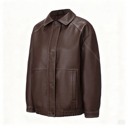 Women's oversized faux leather button-front jacket, supplier detail and lifestyle image 9