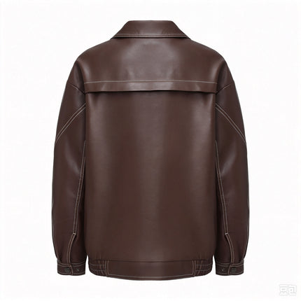 Women's oversized faux leather button-front jacket, supplier detail and lifestyle image 10