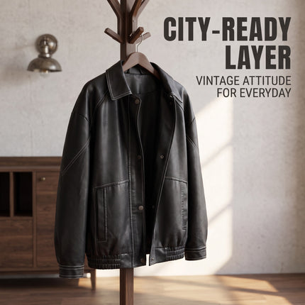 Women's oversized faux leather button-front jacket, supplier detail and lifestyle image 14