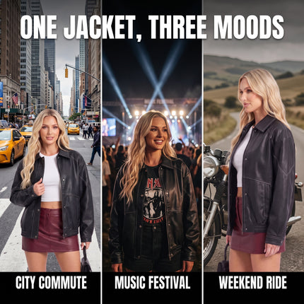Women's oversized faux leather button-front jacket, supplier detail and lifestyle image 17