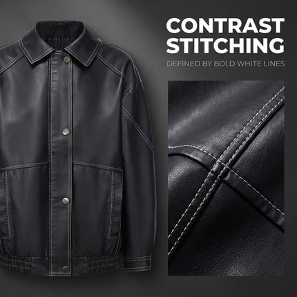 Women's oversized faux leather button-front jacket, supplier detail and lifestyle image 18