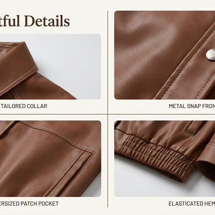 Women's oversized faux leather button-front jacket, supplier detail and lifestyle image 19