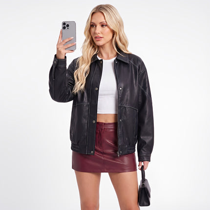 Women's oversized faux leather button-front jacket, supplier detail and lifestyle image 22