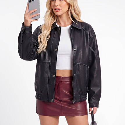 Women's oversized faux leather button-front utility jacket, main 01 product photo