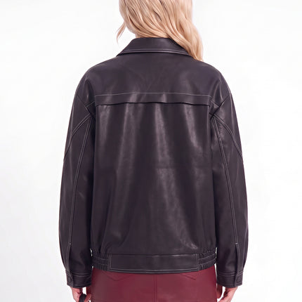 Women's oversized faux leather button-front utility jacket, main 03 product photo