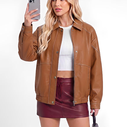 Women's oversized faux leather button-front utility jacket, main 04 product photo