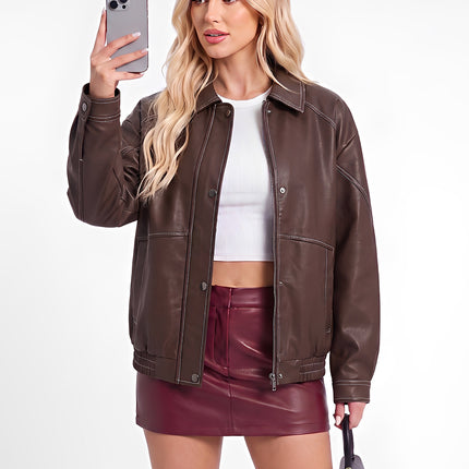 Women's oversized faux leather button-front utility jacket, main 05 product photo