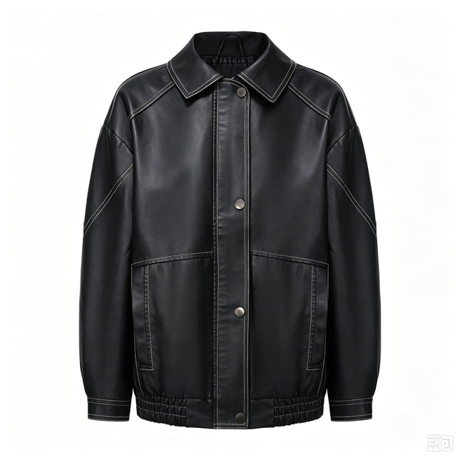 Women's oversized faux leather button-front utility jacket, sku 01 product photo