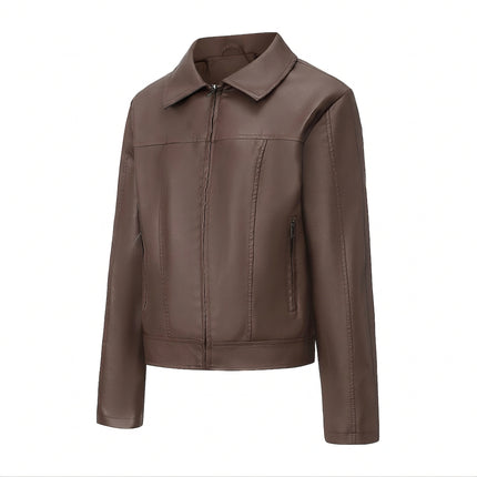 Women's cropped faux leather zip front jacket collar, seams, modeling and product close-up 4